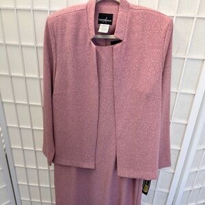 Elegant Positively Attitude Two-Piece Dress & Jacket Set – Pink Jacquard